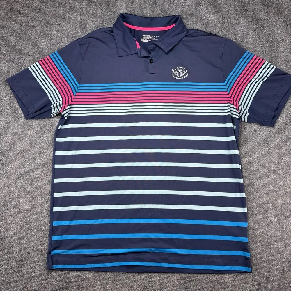 2012 Nike Golf US Open Logo Mens XL Blue Striped Polo Shirt Olympic Club